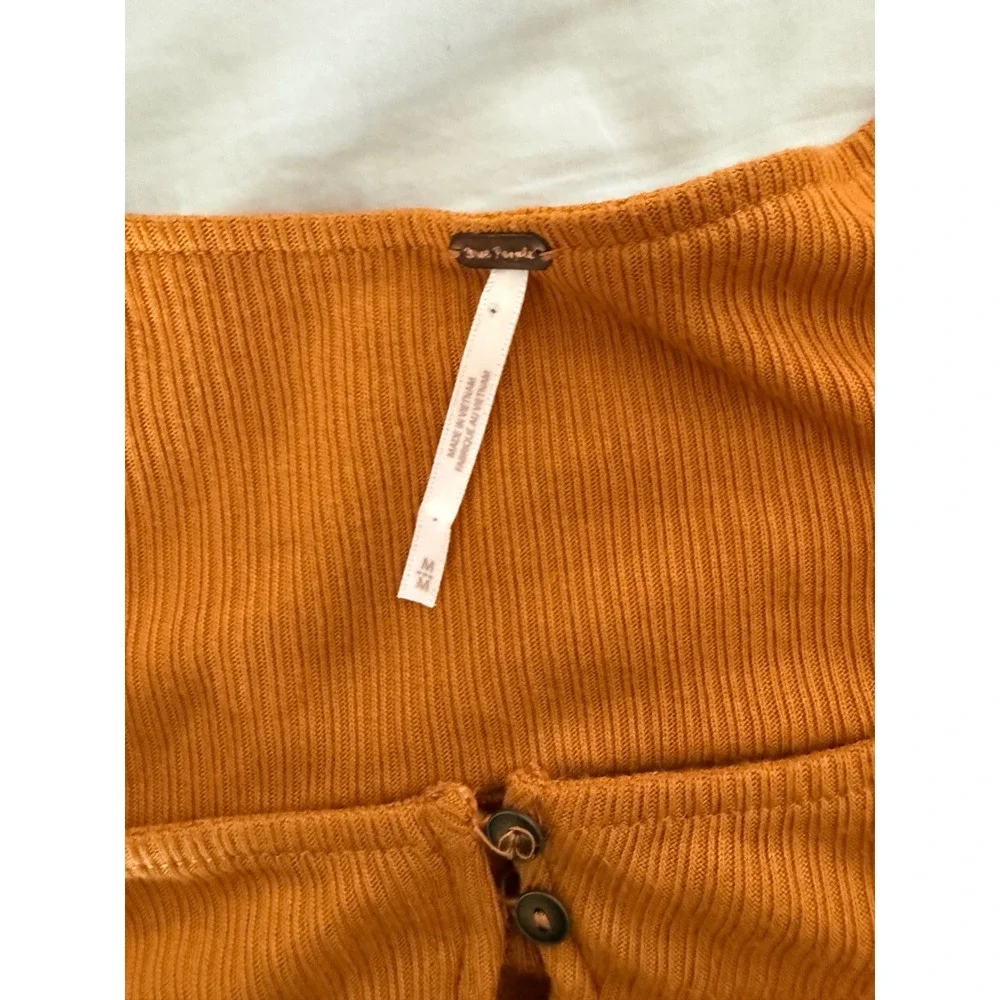 Free People Mustard Waffle Knit Henley Babydoll Puff Sleeve Boho Top M